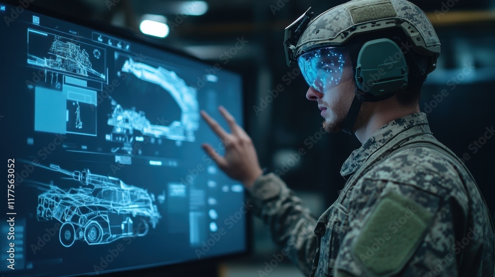 Poster military engineer wearing augmented reality glasses working with futuristic touchscreen display and 