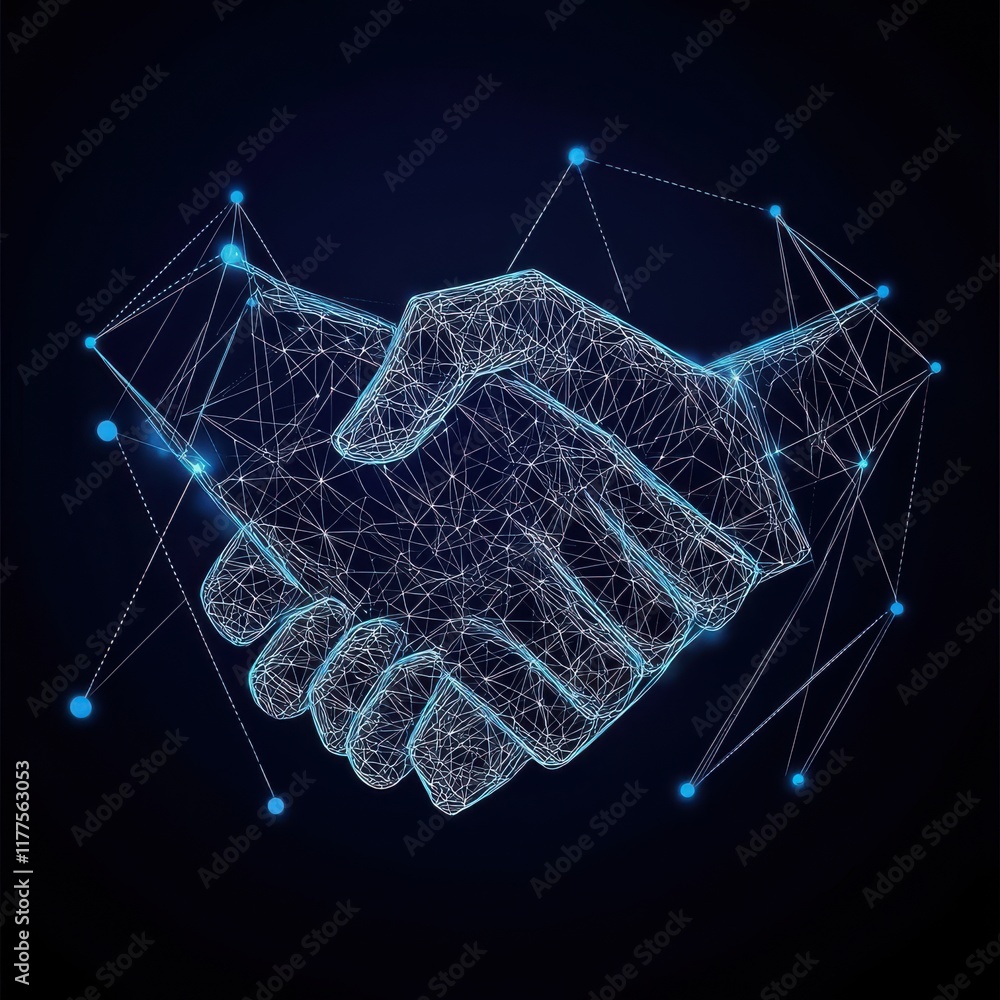 Poster digital handshake symbolizing partnership and collaboration in a modern, tech-driven world.