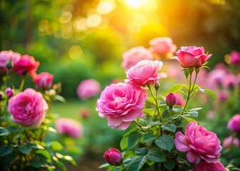 Obraz premium Miniature Pink Rose Garden: Tilt-Shift Photography of Blooming Roses