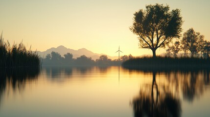 Fototapeta premium Tranquil Sunrise Over a Lake with Wind Turbine and Silhouetted Trees