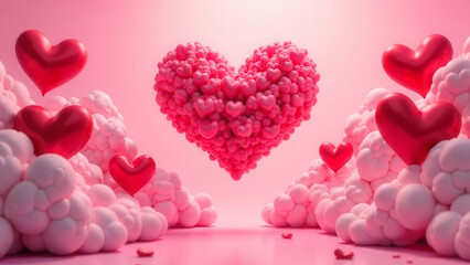 Obraz premium Heart made of pink clouds. Pink background with red hearts and pink clouds. Background for Valentine's day. February 14. Valentine's card. Flying hearts on a pink background.