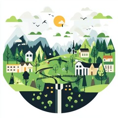 A serene countryside scene featuring rolling hills, quaint houses, and a winding river under a vibrant sky.