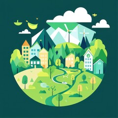 A vibrant, illustrated landscape showcasing green mountains, eco-friendly homes, and a flowing river.