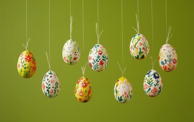 Colorful hand-painted Easter eggs with bunny designs and floral patterns, suspended on a lime green background