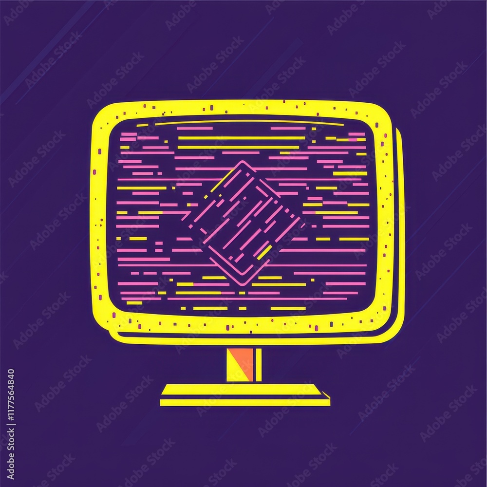 Poster colorful retro computer monitor with abstract glitch effect on a purple background.