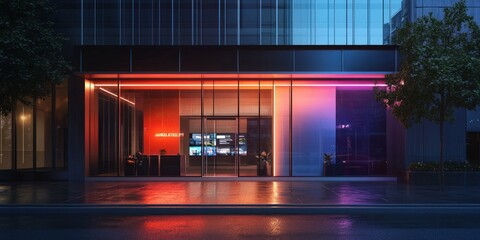 A sleek urban advertising agency exterior with glowing neon signage and a modern glass