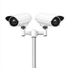 Two modern security cameras mounted on a pole, providing surveillance in a minimalist setting.