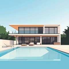 Fototapeta premium Modern architectural villa with large windows and a swimming pool, showcasing minimalist design.