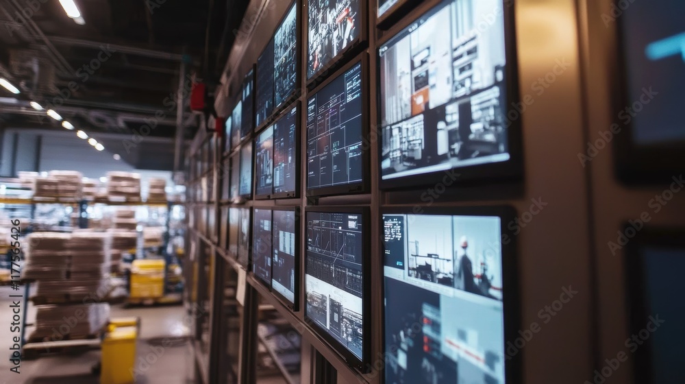 Poster multiple screens displaying real time data from security cameras and production processes in a large