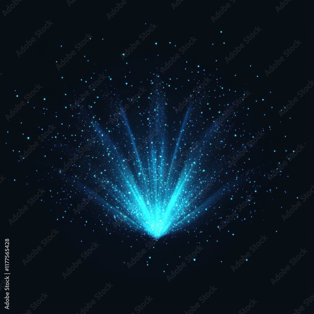 Poster a mesmerizing burst of blue light particles creating a sparkling effect on a dark background.