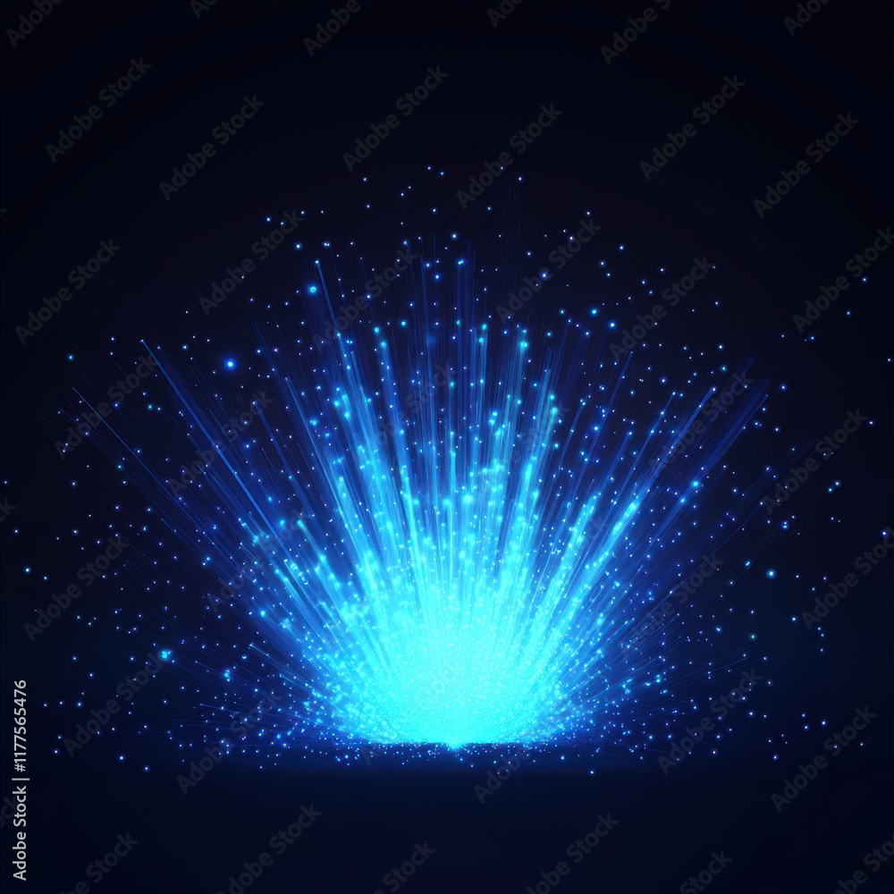 Poster a vibrant explosion of blue light particles creating a dynamic and energetic visual effect.