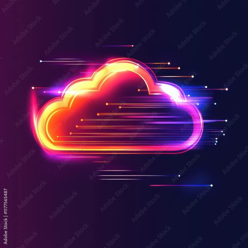 Aufkleber vibrant neon cloud icon with motion lines symbolizing speed and connectivity in digital space.