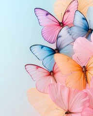 Pastel Colored Butterflies on Light Blue Background Delicate Spring Nature Image