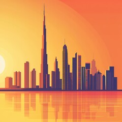 Obraz premium Stunning sunset over a vibrant city skyline featuring towering skyscrapers and reflective waters.