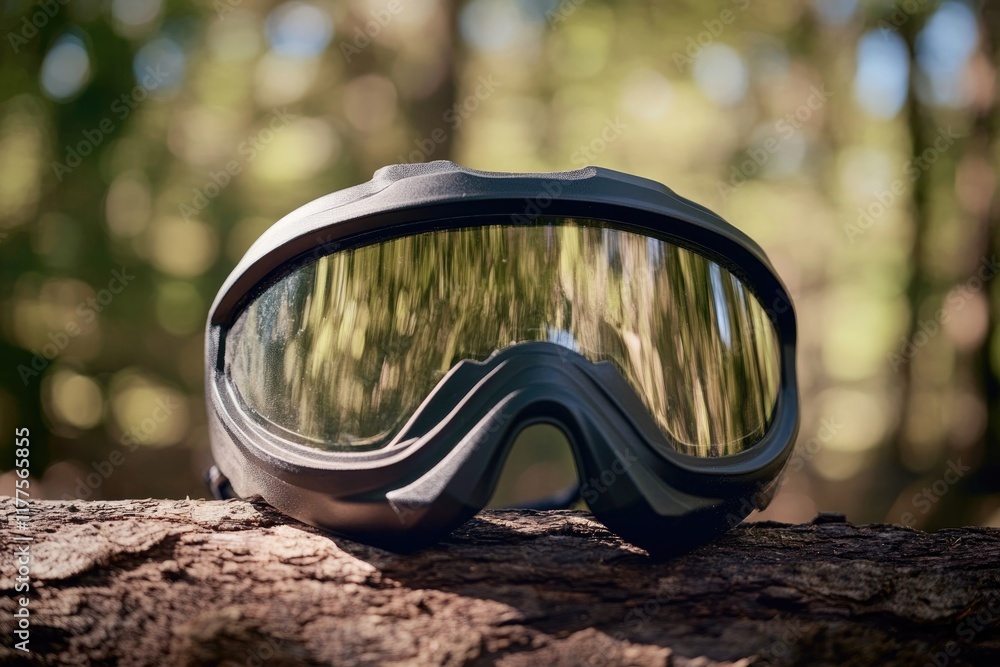 Poster close-up of paintball goggles resting on log visor reflecting light with blurred forest behind