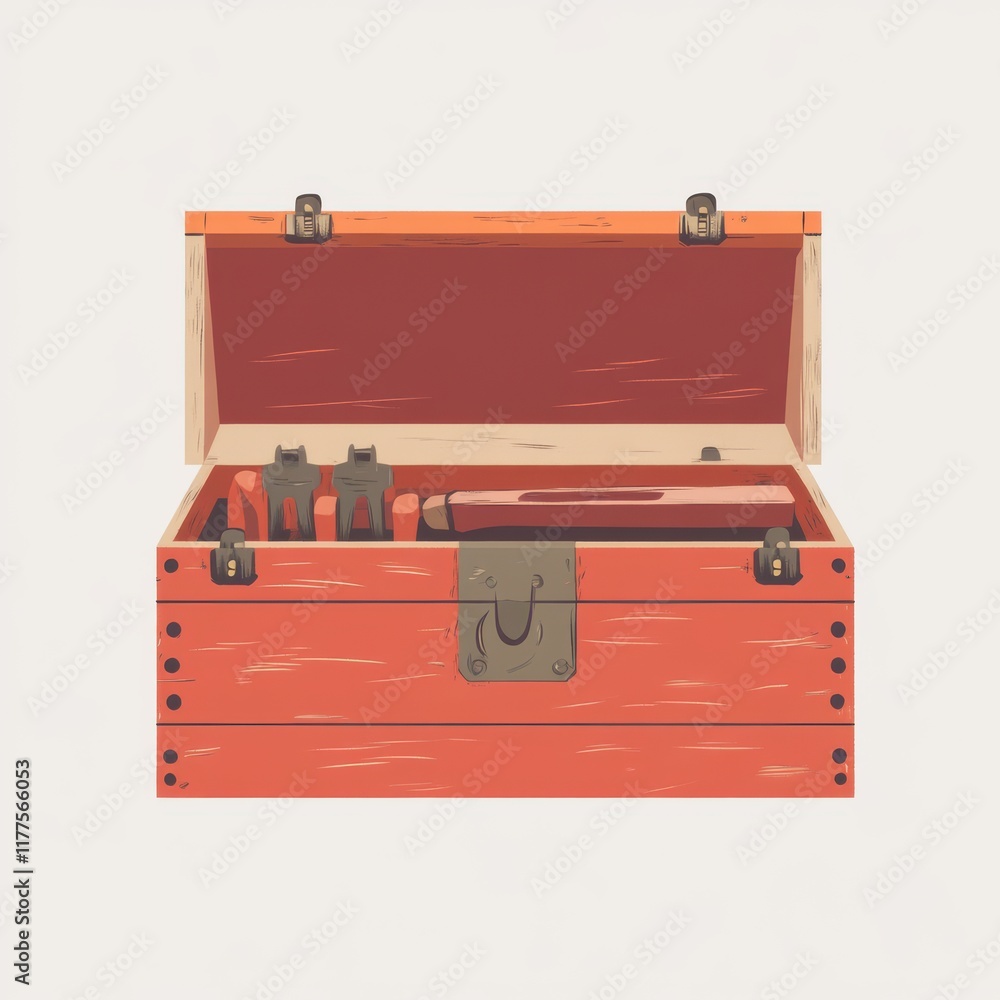 Poster a rustic wooden toolbox opened, showcasing various tools and a wooden handle tool inside.