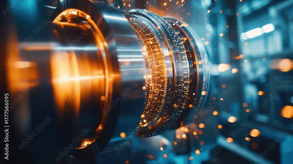 Poster metal processing occurring on an industrial machine generates a dazzling shower of sparks, highlight