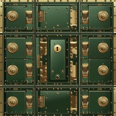 Obraz premium A detailed view of antique safety deposit boxes with intricate designs and a central lock, exuding vintage elegance.