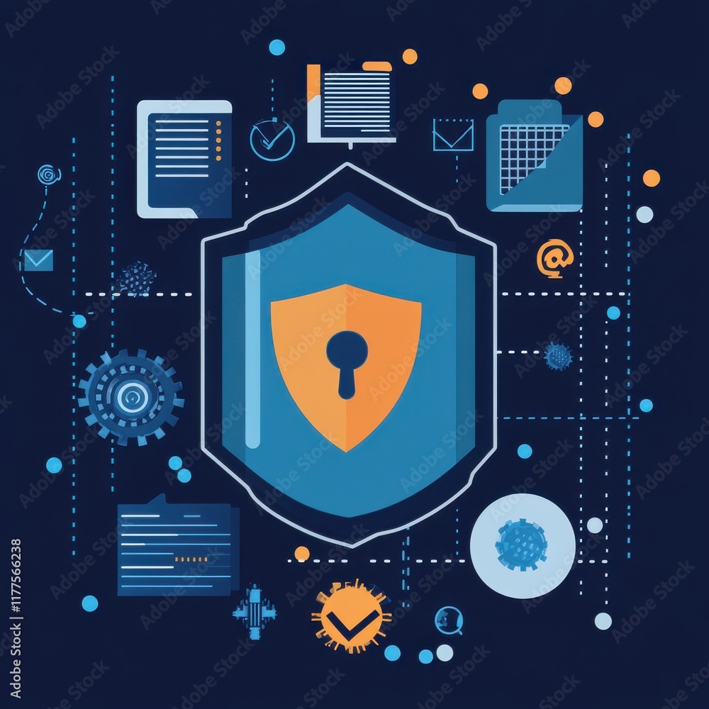 Poster digital security concept featuring a shield symbol with a keyhole, surrounded by icons of data prote
