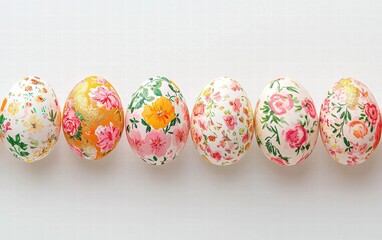 Fototapeta premium Decorated Easter eggs with floral patterns and glitter accents on a clean white background