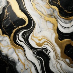 Abstract Marble Texture with Swirling Black, Gold, and White Patterns