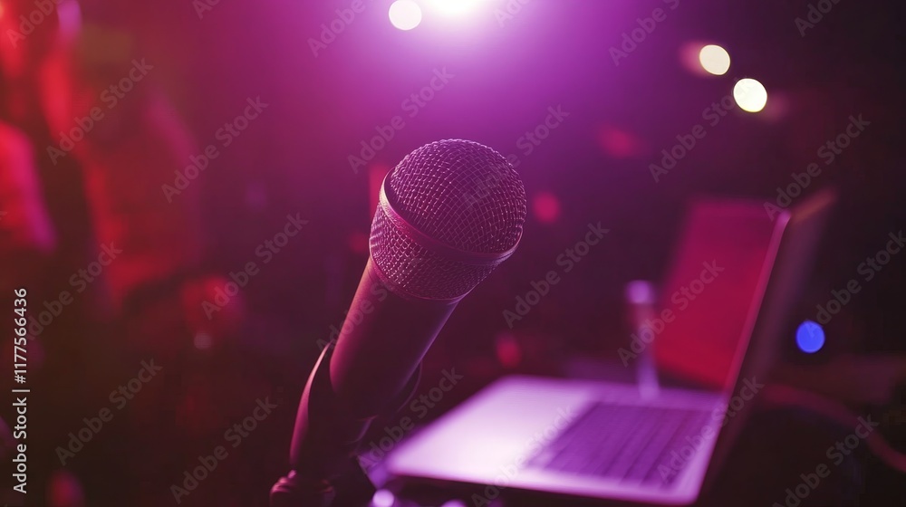 Poster a microphone in focus with a blurred laptop in the background, suggesting a performance setting.