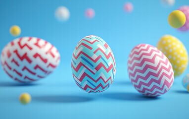 Obraz premium Decorated Easter eggs with zigzag patterns, levitating on a cobalt blue background