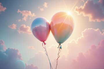 Two balloons in pastel colors against a bright sky with soft clouds and sunlight
