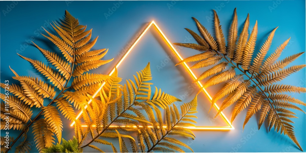 Aufkleber glowing geometric triangles framed by lush ferns create a tranquil atmosphere in a modern setting