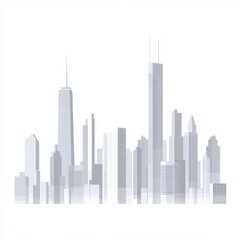 Fototapeta premium Minimalist gray city skyline illustration with tall buildings and abstract shapes.