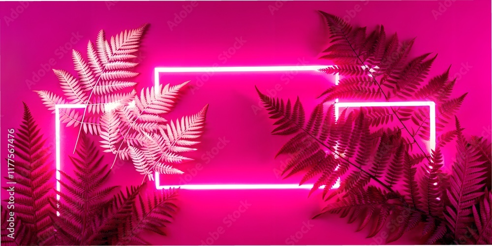 Poster vibrant glowing frames surrounded by lush ferns create a captivating visual display in an artistic i