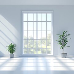 Bright and airy interior with potted plants and a large window letting in natural light.