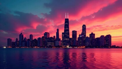 Fototapeta premium Elegant Chicago skyline silhouette, bold linear font, black, city, illustration