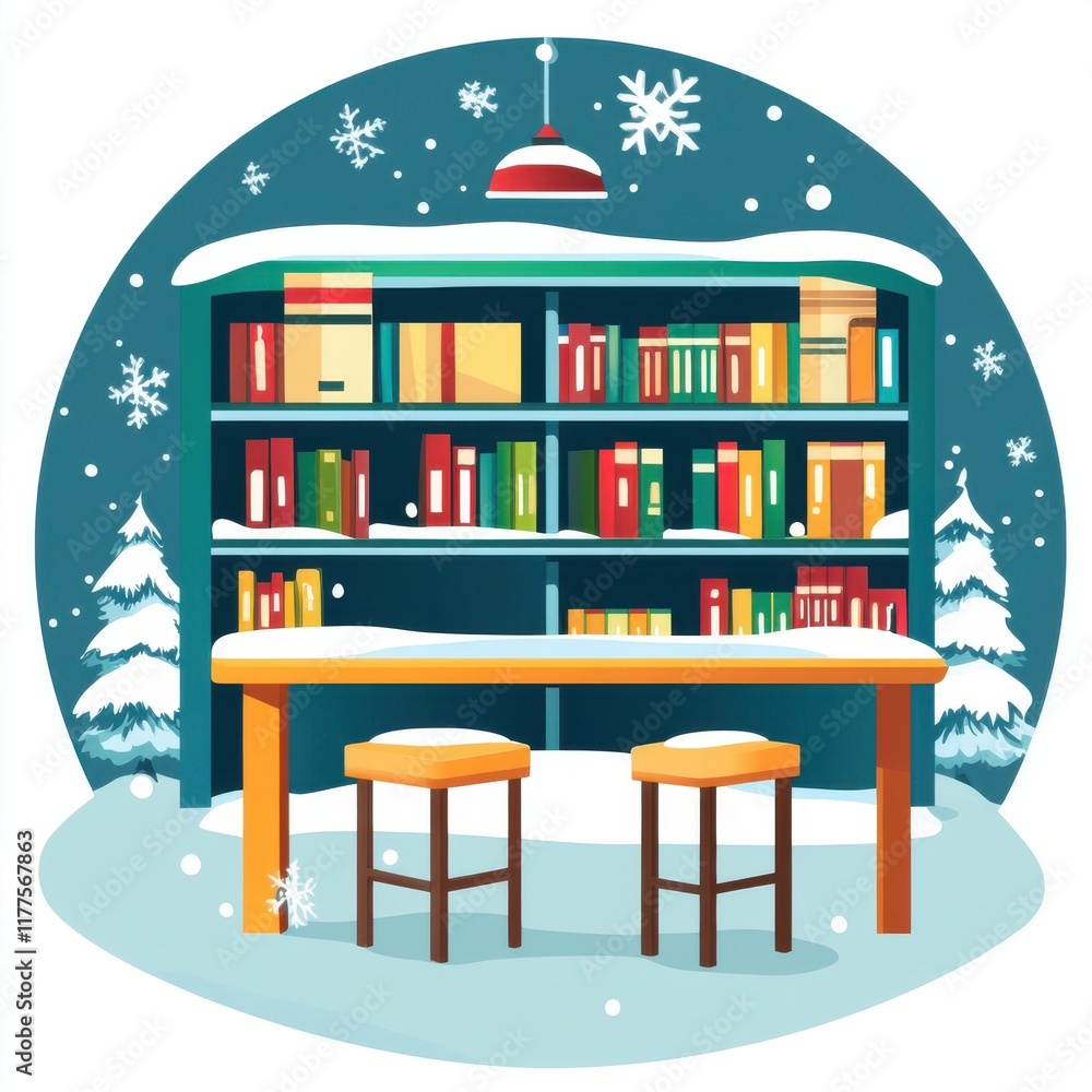 Poster a cozy winter library scene with snow-covered bookshelves and two empty chairs inviting quiet readin