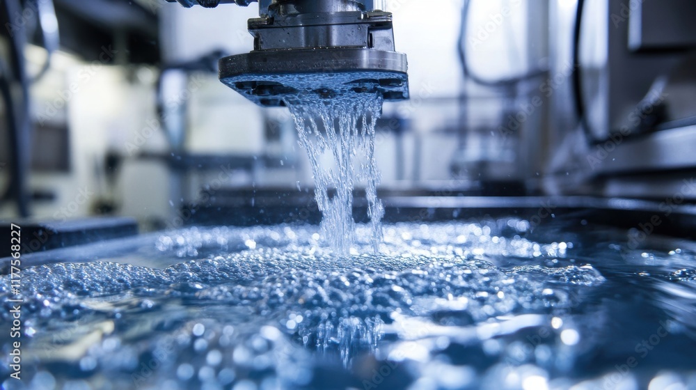 Poster water cooling system pouring liquid into a tank within an industrial environment, generating bubbles