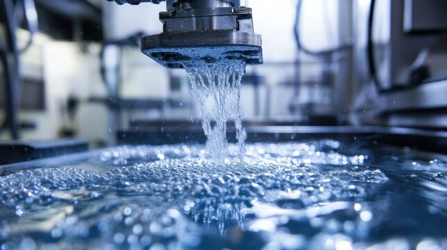Water cooling system pouring liquid into a tank within an industrial environment, generating bubbles and ripples on the surface, highlighting the dynamic flow and motion of the process