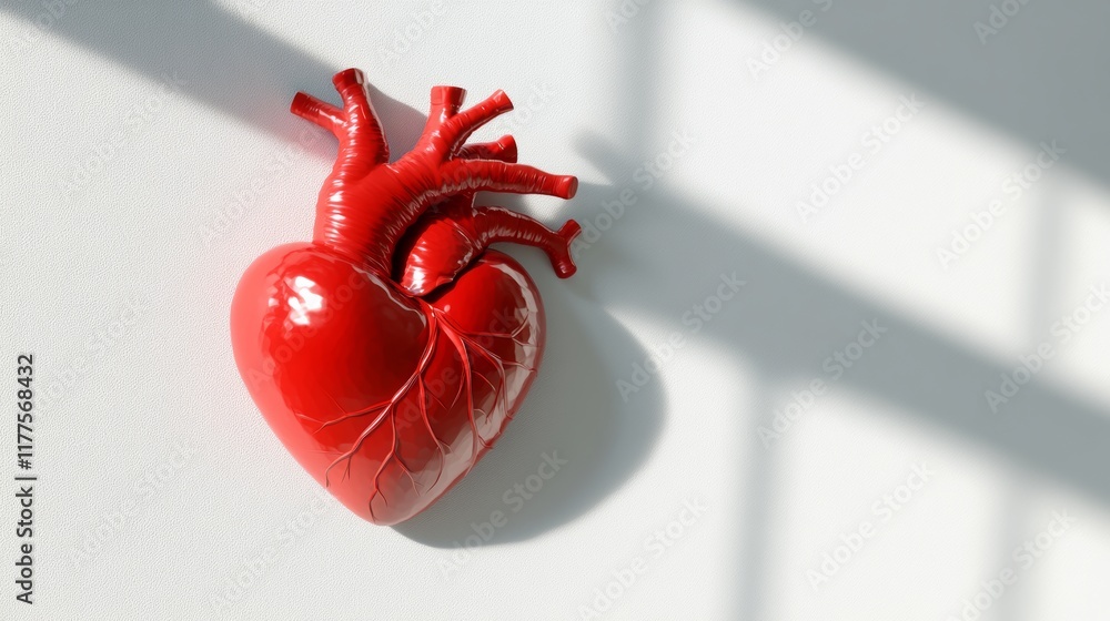 Poster a 3d red heart floating against a white backdrop with a soft shadow