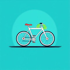 Fototapeta premium Stylish white bicycle with green saddlebags, set against a vibrant turquoise background.