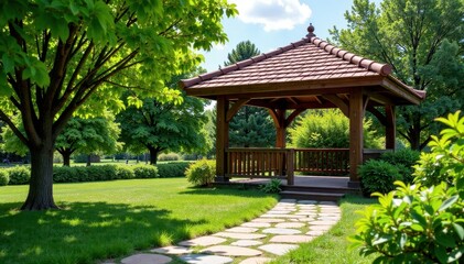Rustic wooden gazebo, gabion walls, stone path, garden, rustic, flowers