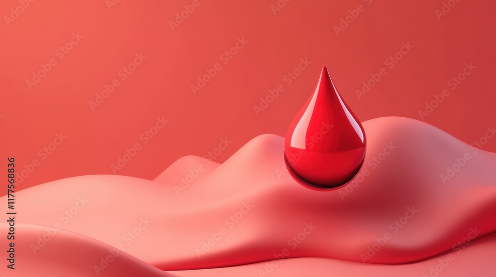 Poster abstract red drop on undulating coral surface: minimalist 3d render of a single blood drop