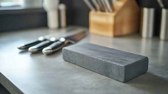 A kitchen countertop featuring a sharpening stone and knives for culinary preparation.