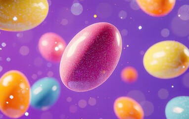 Floating brightly colored eggs with subtle sparkles on a vibrant lavender background