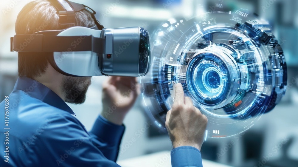Poster engineer wearing a vr headset interacting with a holographic engine projection, manipulating compone