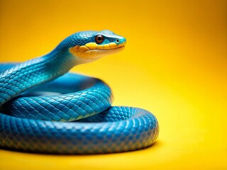 Fototapeta premium Minimalist Blue & Yellow Snake on Vibrant Yellow Background - Creative Design Stock Photo