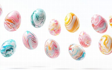 Floating marbled Easter eggs in pastel tones, isolated on a bright white background