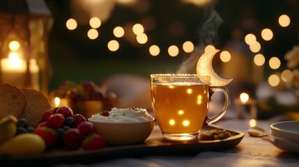 ramadan suhoor rituals, peaceful suhoor setting fruits, yogurt, bread, tea, under soft crescent moon light