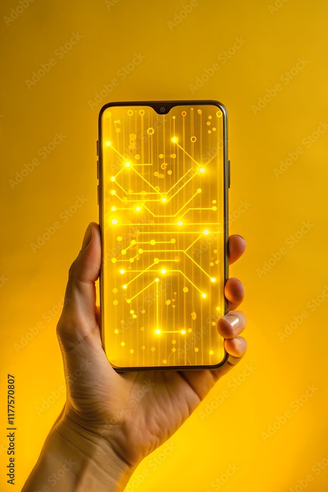 Poster exploring the vibrant connection between technology and creativity through a glowing smartphone held