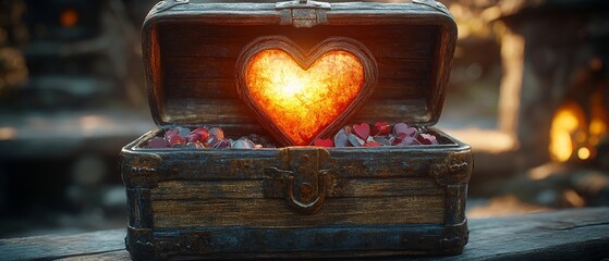 A charming treasure chest reveals glowing heart surrounded by colorful gems, evoking feelings of love and warmth