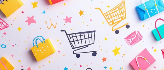 A Charming digital illustration of shopping bags and carts on colorful background