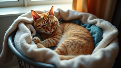 A cat peacefully naps in a laundry basket filled with fresh clothes. The soft light highlights its fur, creating a serene moment of contentment, ideal for National Pet Day.